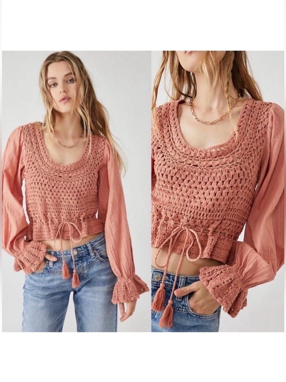 Free People Megan Crochet Knit Peplum Puff Sleeve Top Coral Sand Size M